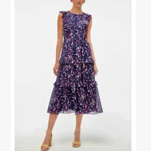 J. Crew Sleeveless Floral Ruffle Tiered Maxi Dress Size 8 in Pink Purple